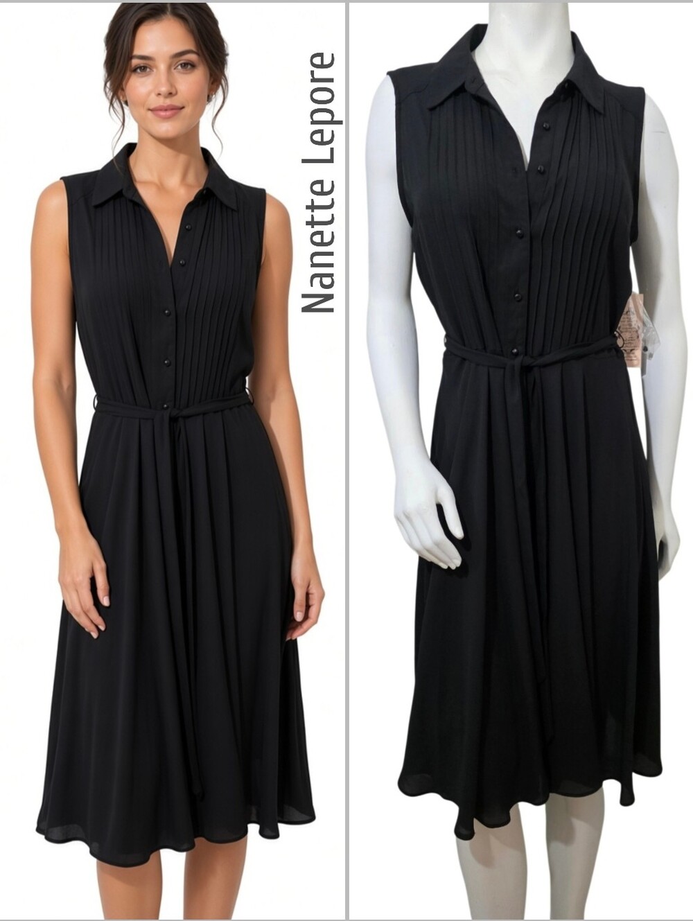 Nanette Lepore Black Sleeveless Pleated Shirt Dress with Self-Tie Waist Size 8